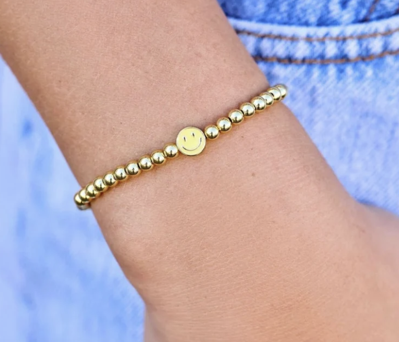 Happy Face Ball Bead Stretch Bracelet | Gold